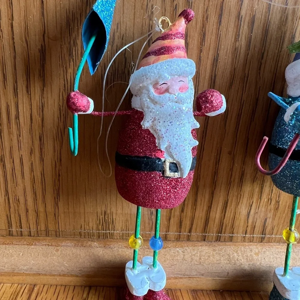 Lot of 2 Dept 56 Glitter Santa‎ Ornaments Retro Beaded Legs Christmas Holiday
